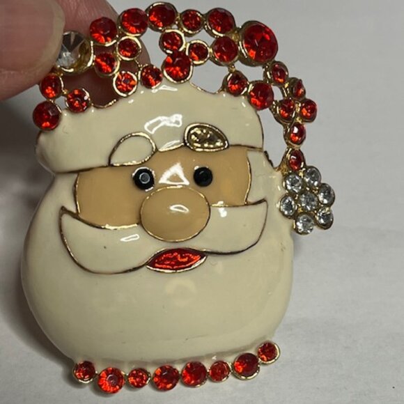 VTG Enamel Gold Tone Santa Rhinestones Christmas Holiday Brooch Pin 2"x2.25" - Picture 4 of 10